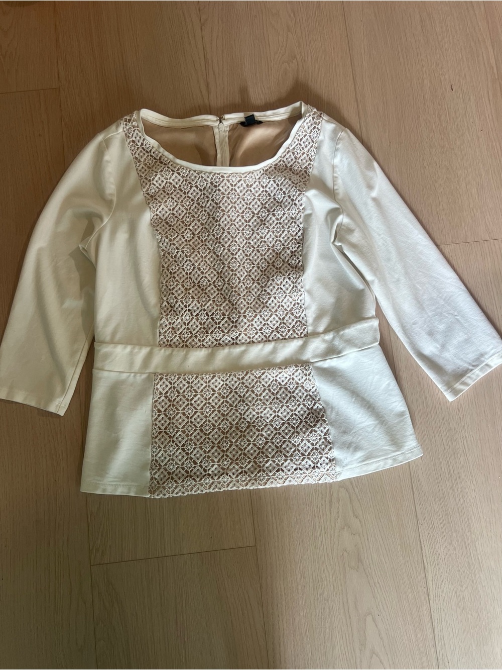 Ann Taylor Ivory Lace-Panel Inset Peplum Top 3/4 Sleeves